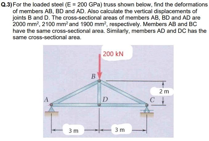 Q 3 For The Loaded Steel E 200 Gpa Truss Shown Below Find The Deformations Of Members Ab Bd And Ad Also Calculat 1