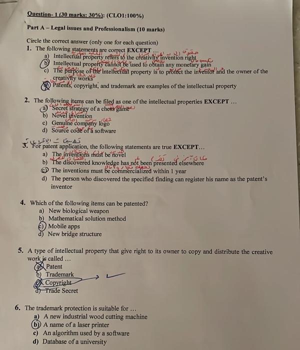 Question 1 30 Marks 30 Clo1 100 Part A Legal Issues And Professionalism 10 Marks Circle The Correct Answer 1