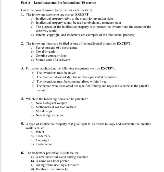Part A Legal Issues And Professionalism 10 Marks Circle The Correct Answer Only One For Each Question 1 The Follo 1