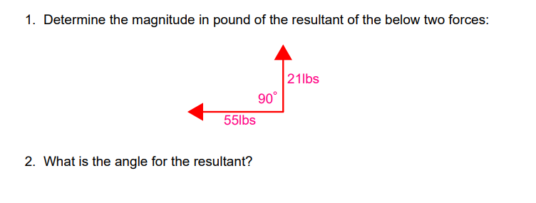 1 Determine The Magnitude In Pound Of The Resultant Of The Below Two Forces 21lbs 90 55lbs 2 What Is The Angle For T 1