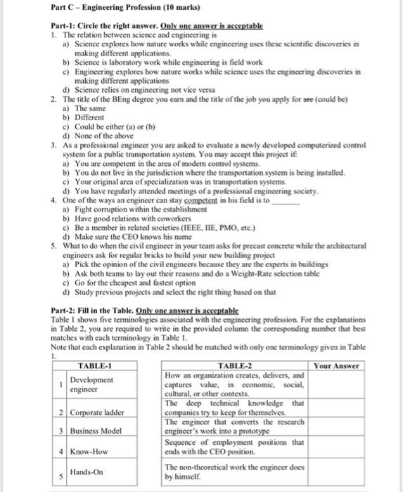 Part C Engineering Profession 10 Marks Part 1 Circle The Right Answer Only One Answer Is Acceptable 1 The Relatio 1