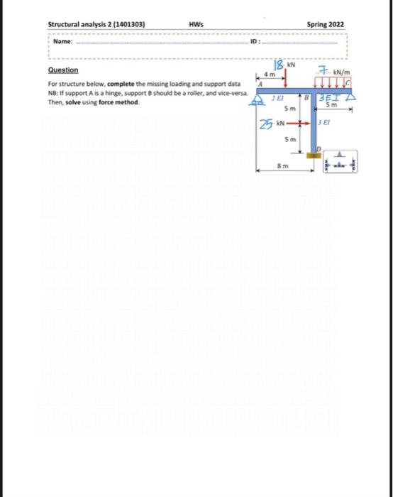 Structural Analysis 2 1401303 Hws Name Question A For Structure Below Complete The Missing Loading And Support Data 1