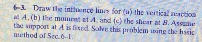 6 3 Draw The Influence Lines For A The Vertical Reaction At A B The Moment At A And C The Shear At B Assume Th 1