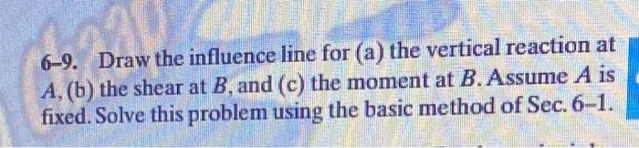 6 9 Draw The Influence Line For A The Vertical Reaction At A B The Shear At B And C The Moment At B Assume A I 1