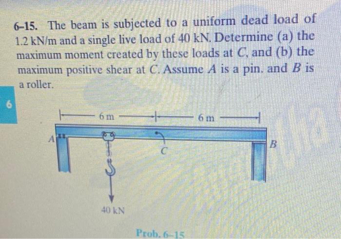6 15 The Beam Is Subjected To A Uniform Dead Load Of 1 2 Kn M And A Single Live Load Of 40 Kn Determine A The Maximu 1