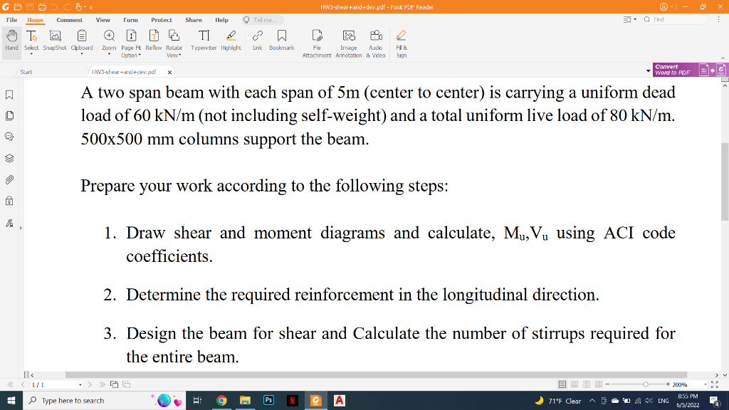 Go 2 Hw3 Shear And Dev Pdf Foxit Pdf Reader File Home Comment View Form Protect Share Help Tel Me Eq Q Find H T E 1