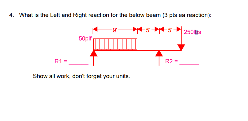 4 What Is The Left And Right Reaction For The Below Beam 3 Pts Ea Reaction 9 250lbs 50plf R1 Show All Work Don 1