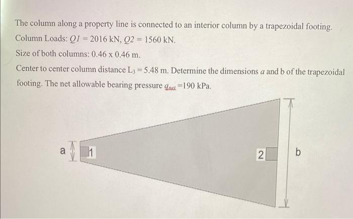 The Column Along A Property Line Is Connected To An Interior Column By A Trapezoidal Footing Column Loads Q1 2016 Kn 1