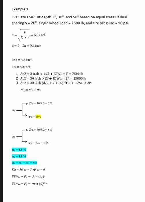 Example 1 Evaluate Eswl At Depth 3 30 And 50 Based On Equal Stress If Dual Spacing S 20 Single Wheel Load 750 1