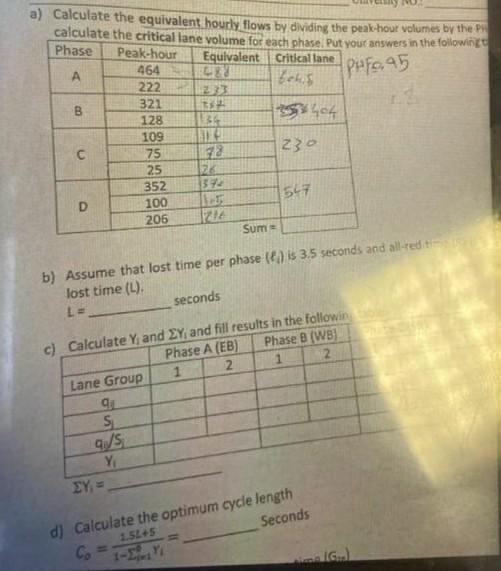 A Calculate The Equivalent Hourly Flows By Dividing The Peak Hour Volumes By The P Calculate The Critical Lane Volume F 1