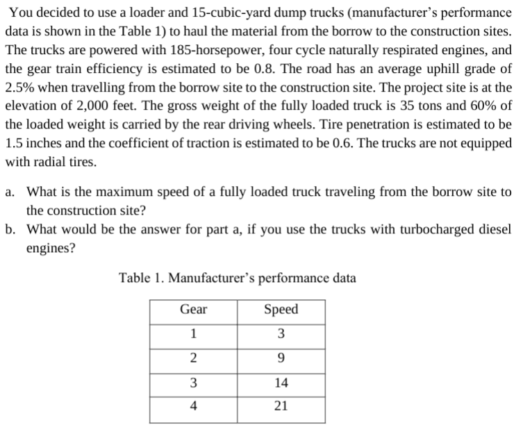 You Decided To Use A Loader And 15 Cubic Yard Dump Trucks Manufacturer S Performance Data Is Shown In The Table 1 To H 1