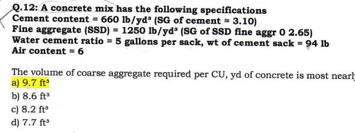 Q 12 A Concrete Mix Has The Following Specifications Cement Content 660 Lb Yd Sg Of Cement 3 10 Fine Aggregate 1