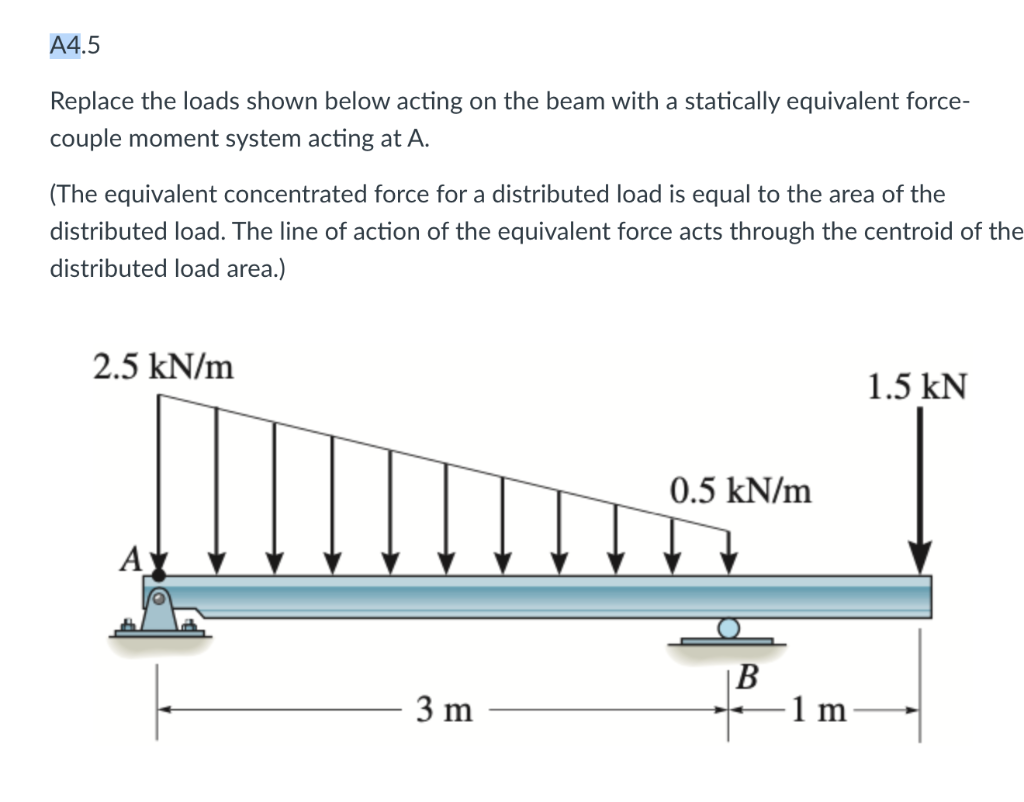 A4 5 Replace The Loads Shown Below Acting On The Beam With A Statically Equivalent Force Couple Moment System Acting At 1