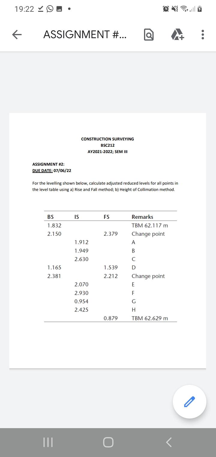19 22 Assignment Construction Surveying Bsc212 Ay2021 2022 Sem Iii Assignment 2 Due Date 07 06 22 For The L 1