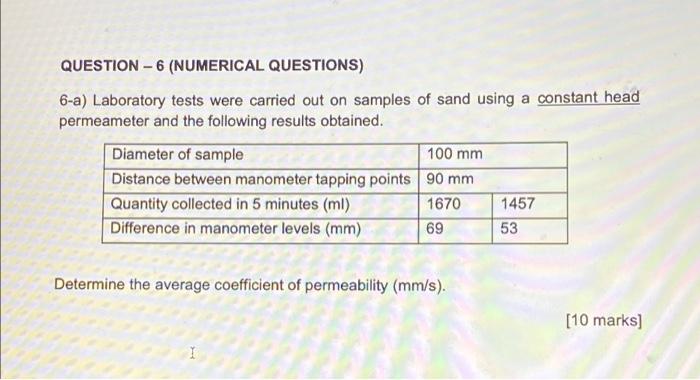 Question 6 Numerical Questions 6 A Laboratory Tests Were Carried Out On Samples Of Sand Using A Constant Head Perme 2
