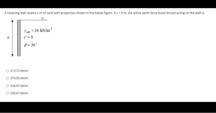 A Retaining Wall Retains Z M Of Sand With Properties Shown In The Below Figure If Z 6 M The Active Earth Force Total 1