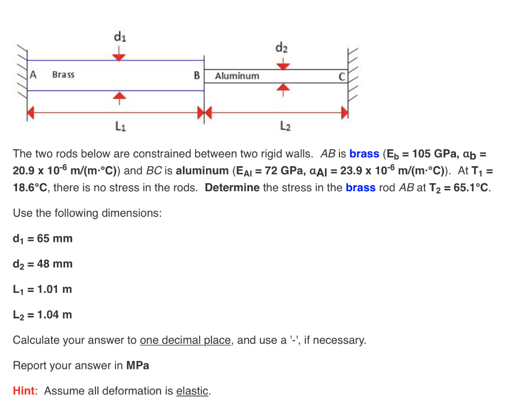 D A Brass B Aluminum L L The Two Rods Below Are Constrained Between Two Rigid Walls Ab Is Brass E 105 Gpa Ab 1