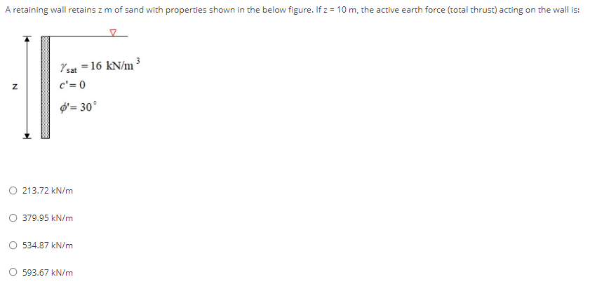 A Retaining Wall Retains Z M Of Sand With Properties Shown In The Below Figure If Z 10 M The Active Earth Force Tot 1