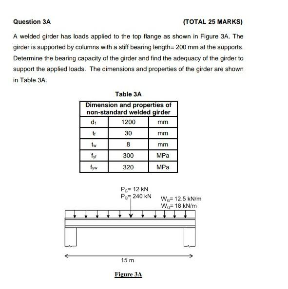 Question 3a Total 25 Marks A Welded Girder Has Loads Applied To The Top Flange As Shown In Figure 3a The Girder Is Su 1