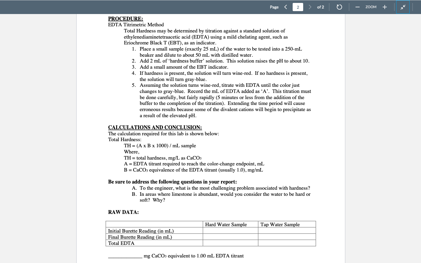Page 2 Procedure Edta Titrimetric Method Total Hardness May Be Determined By Titration Against A Standard Solution Of E 1