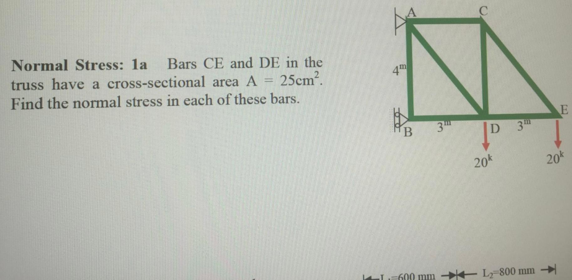 Normal Stress La Bars Ce And De In The Truss Have A Cross Sectional Area A 25cm Find The Normal Stress In Each Of T 1