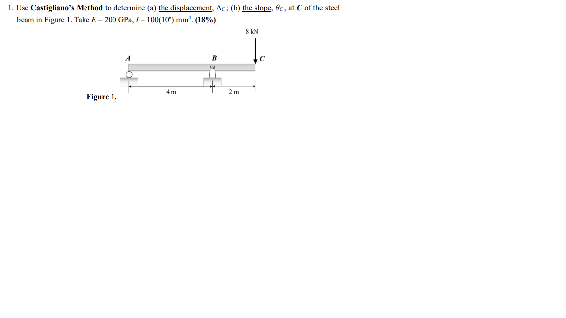 1 Use Castigliano S Method To Determine A The Displacement Ac B The Slope Oc At C Of The Steel Beam In Figure 1 1