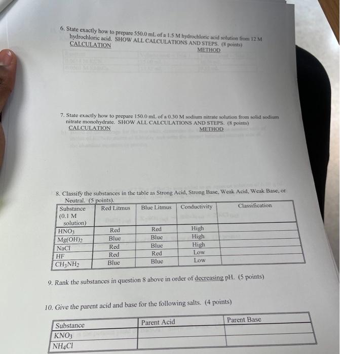 6 State Exactly How To Prepare 550 0 Ml Of A 1 5 M Hydrochloric Acid Solution From 12 M Hydrochloric Acid Show All Cal 1