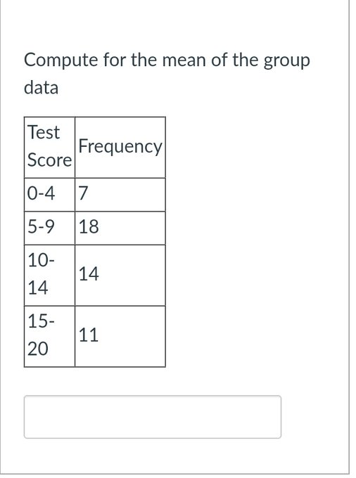Compute For The Mean Of The Group Data Test Frequency Score 0 4 7 5 9 18 10 14 14 15 11 20 1
