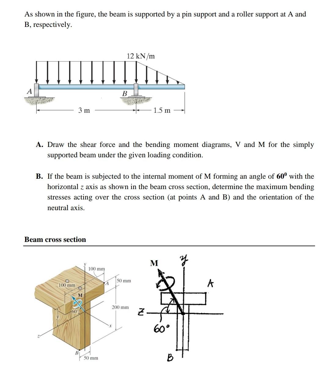 As Shown In The Figure The Beam Is Supported By A Pin Support And A Roller Support At A And B Respectively 12 Kn M B 1