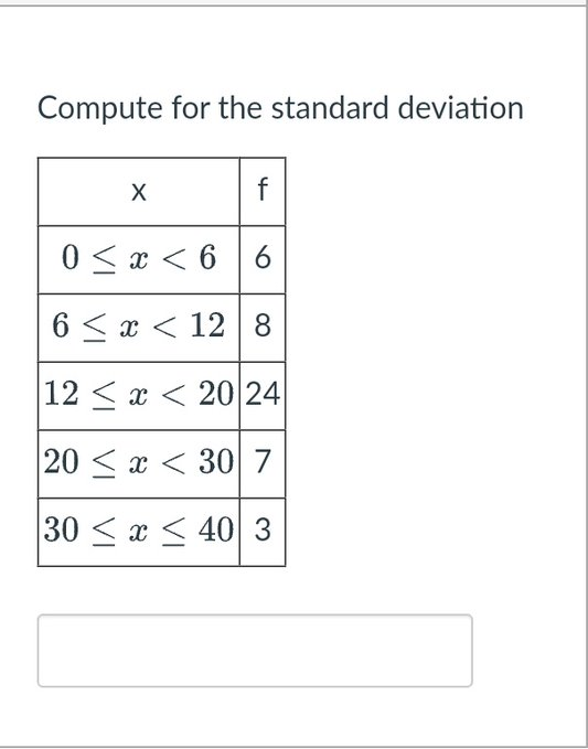 Compute For The Standard Deviation X F 0 X 66 6x 12 8 12 X 20 24 20 X 30 7 30 X 40 3 1