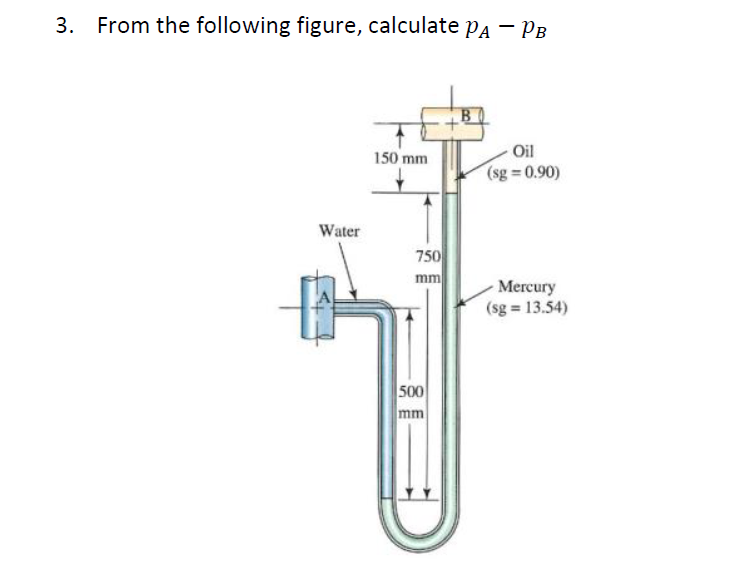 3 From The Following Figure Calculate Pa Pb 150 Mm Oil Sg 0 90 Mercury Sg 13 54 Water 750 Mm 500 Mm 1
