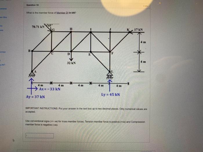 247 Question 10 What Is The Member Force Of Member Din Kn 70 71 Kn 45 32 Kn B 4m E 4 M 4m 4 M Ax 33 Kn Ly 45 Kn Ay 1