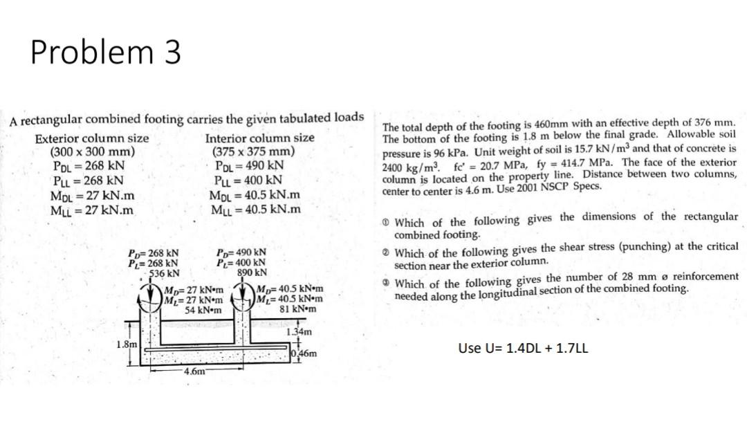 Problem 3 A Rectangular Combined Footing Carries The Given Tabulated Loads Exterior Column Size 300 X 300 Mm Pdl 268 1