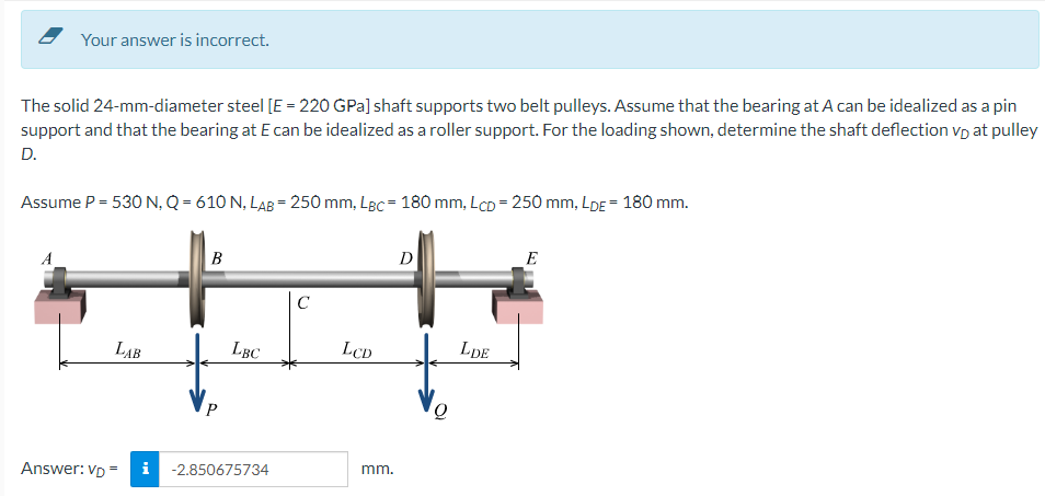 Your Answer Is Incorrect The Solid 24 Mm Diameter Steel E 220 Gpa Shaft Supports Two Belt Pulleys Assume That The 1