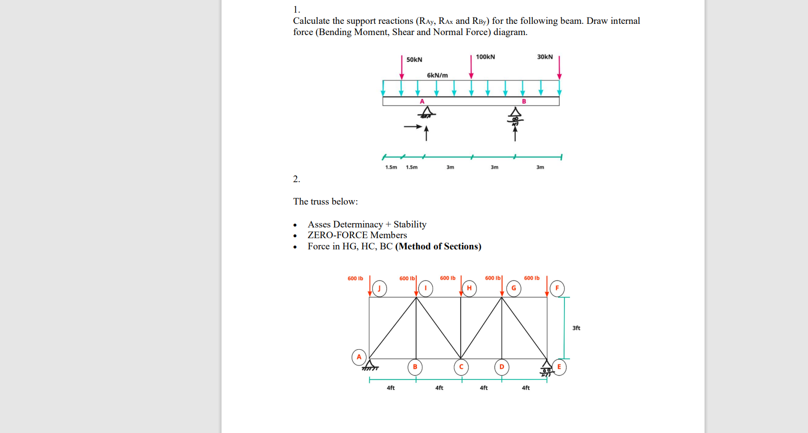 1 Calculate The Support Reactions Ray Rax And Rby For The Following Beam Draw Internal Force Bending Moment Shear 1