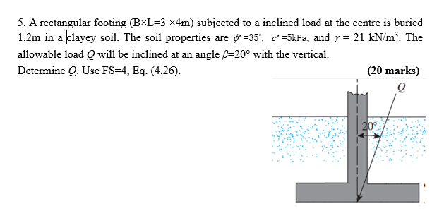 5 A Rectangular Footing Bxl 3 X4m Subjected To A Inclined Load At The Centre Is Buried 1 2m In A Clayey Soil The Soi 1