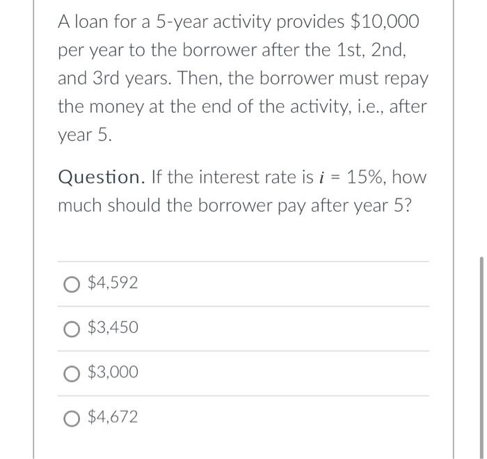 A Loan For A 5 Year Activity Provides 10 000 Per Year To The Borrower After The 1st 2nd And 3rd Years Then The Borr 1