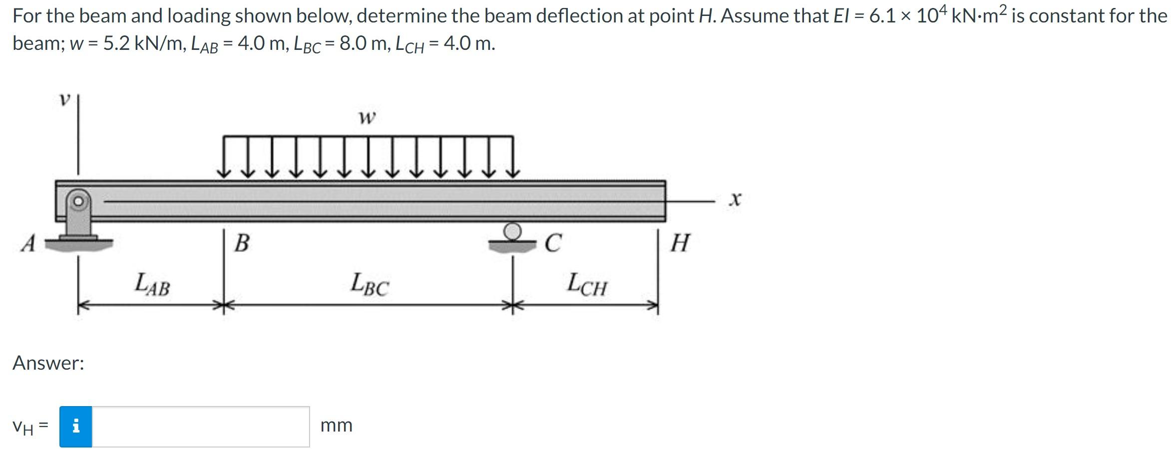 For The Beam And Loading Shown Below Determine The Beam Deflection At Point H Assume That El 6 1 104 Kn M Is Cons 1