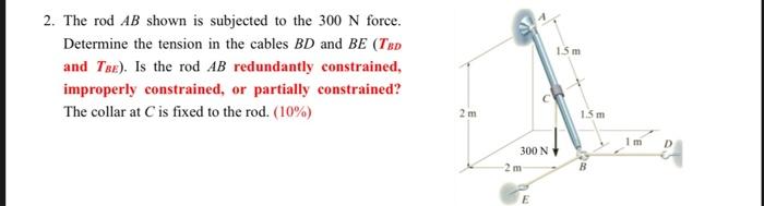 2 The Rod Ab Shown Is Subjected To The 300 N Force Determine The Tension In The Cables Bd And Be Tbd And Tbe Is The 1
