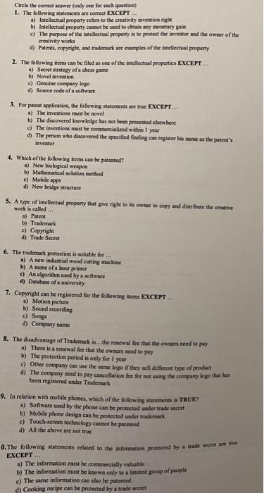 Circle The Correct Answer Only One For Each Question 1 The Following Statements Are Correct Except A Intellectual 1