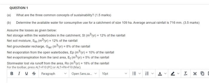 Question 1 A What Are The Three Common Concepts Of Sustainability 1 5 Marks B Determine The Available Water For C 1