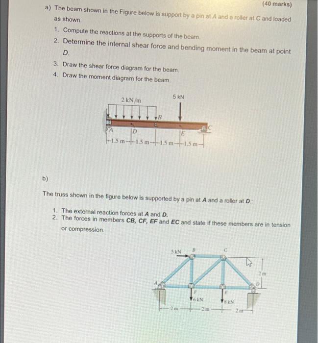 40 Marks A The Beam Shown In The Figure Below Is Support By A Pin At A And A Roller At C And Loaded As Shown 1 Comp 1