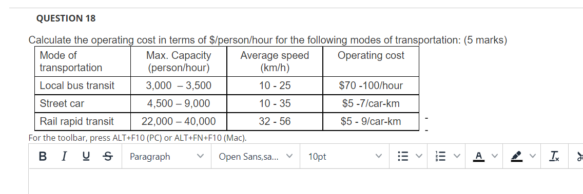 Question 18 Calculate The Operating Cost In Terms Of Person Hour For The Following Modes Of Transportation 5 Marks 1