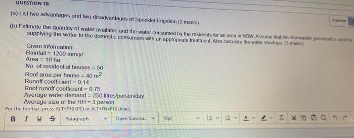 Question 18 A List Two Advantages And Two Disadvantages Of Sprinkler Irrigation 2 Marks B Estimate The Quantity Of 1