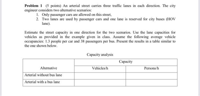 Problem 1 5 Points An Arterial Street Carries Three Traffic Lanes In Each Direction The City Engineer Considers Two A 1