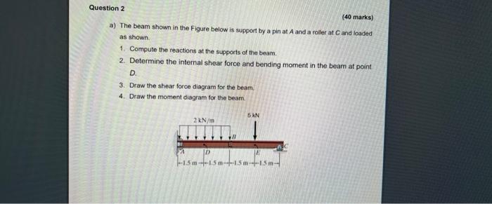 Question 2 40 Marks A The Beam Shown In The Figure Below Is Support By A Pin At A And A Roller At C And Loaded As Sho 1