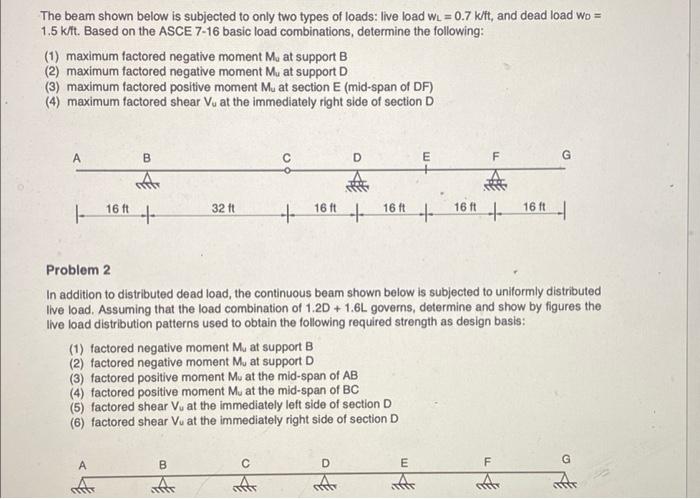 The Beam Shown Below Is Subjected To Only Two Types Of Loads Live Load Wl 0 7 K Ft And Dead Load Wo 1 5 K T Based 1