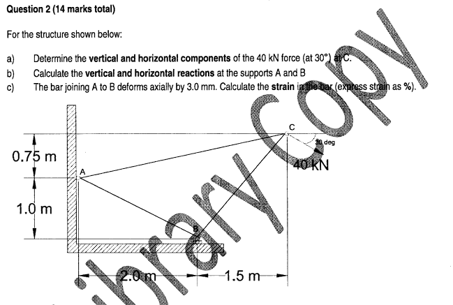 Question 2 14 Marks Total For The Structure Shown Below A Determine The Vertical And Horizontal Components Of The 40 1