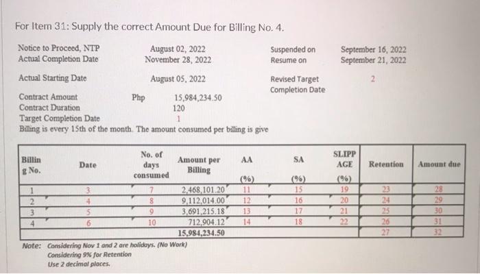 For Item 31 Supply The Correct Amount Due For Billing No 4 Notice To Proceed Ntp Actual Completion Date August 02 2 1