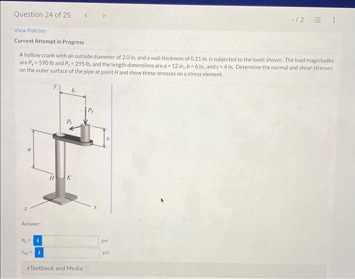 Question 24 Of 25 2 E View Policies Current Attempt In Progress A Hollow Crank With An Outside Diameter Of 2 0 In An 1